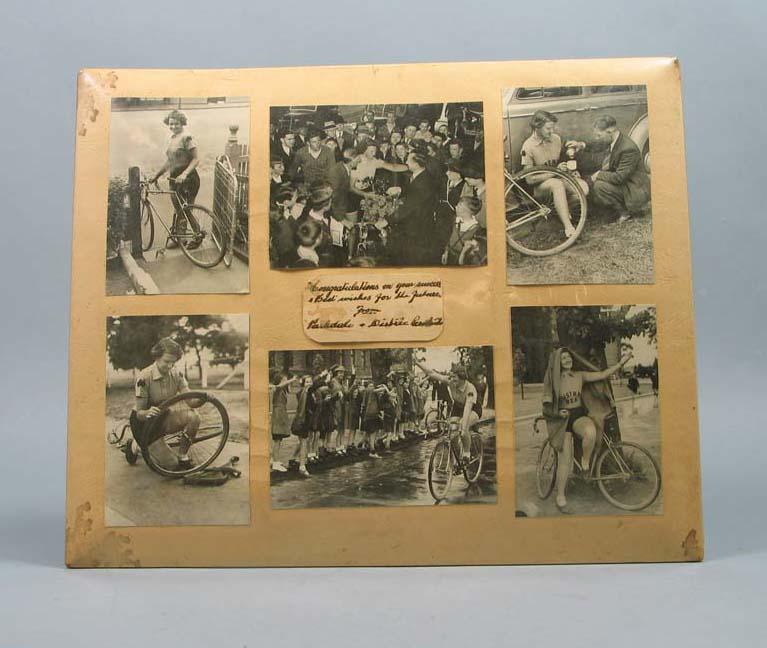 Six black and white photographs of cyclist Valda Unthank Australian