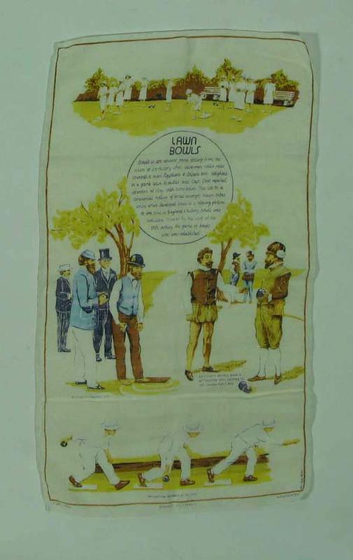 Tea towel, history of lawn bowls c1970s Australian Sports Museum