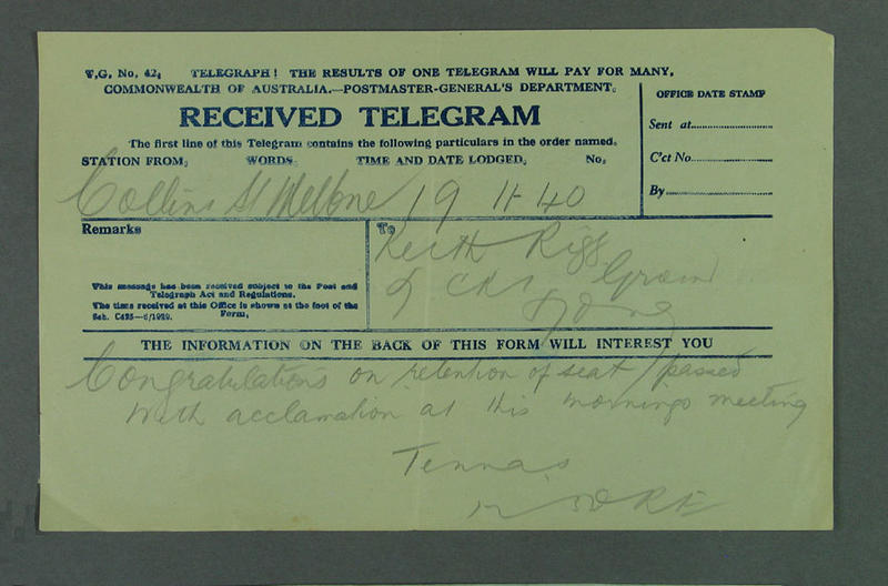 Telegram, addressed to Keith Rigg 1930s Australian Sports Museum