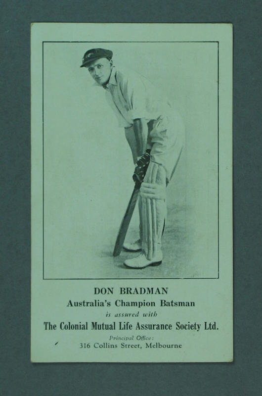 Advertisement featuring image of Don Bradman, The Colonial Mutual Life Assurance Society
