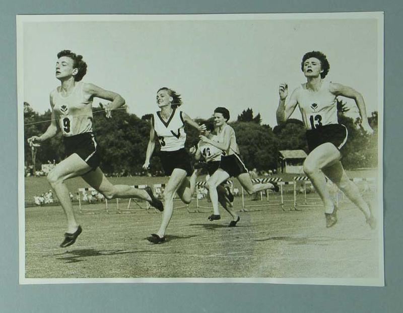 Photograph depicts closing stages of 100 yards sprint final, Australian Women's Track & Field