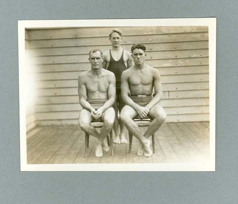 Photograph of three men in swimming costumes, c1930s Australian Sports Museum