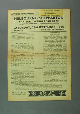 Programme - Melbourne-Shepparton Amateur Cycling Road Race 23 September 1950; Documents and books; 1993.2852.12