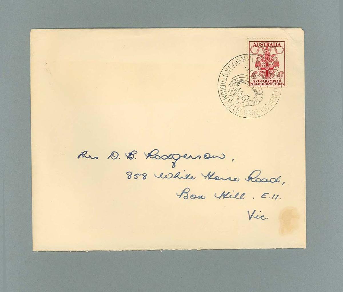 Envelope stamped from Olympic Post Office at MCC, 1956 Olympic Games