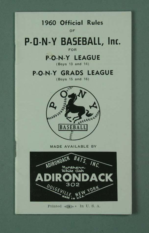 Booklet 1960 Official Rules of Pony Baseball Inc for Pony League