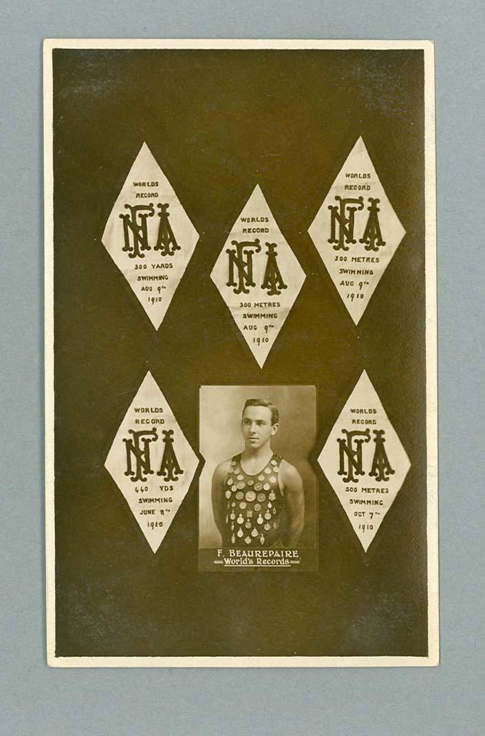 Postcard, image of Frank Beaurepaire with swimming medals 1910